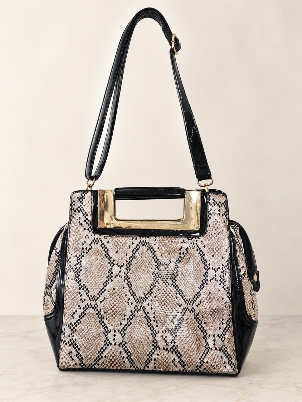 Snake Print Satchel Black Patent Faux Leather Gold Handle Bag